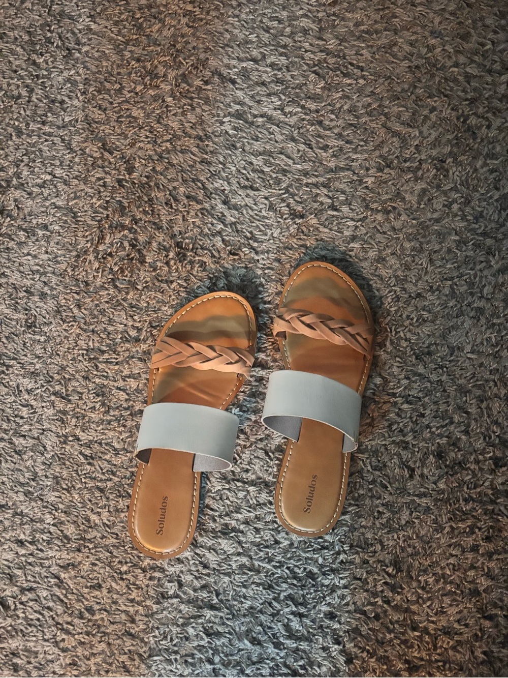 Soludos Tan and Light Blue Braided Double-Band Slide Sandals